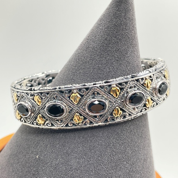 Robert Manse Signed 925 Sterling Silver 18K Onyx Cuff Bangle Bracelet - Picture 4 of 12